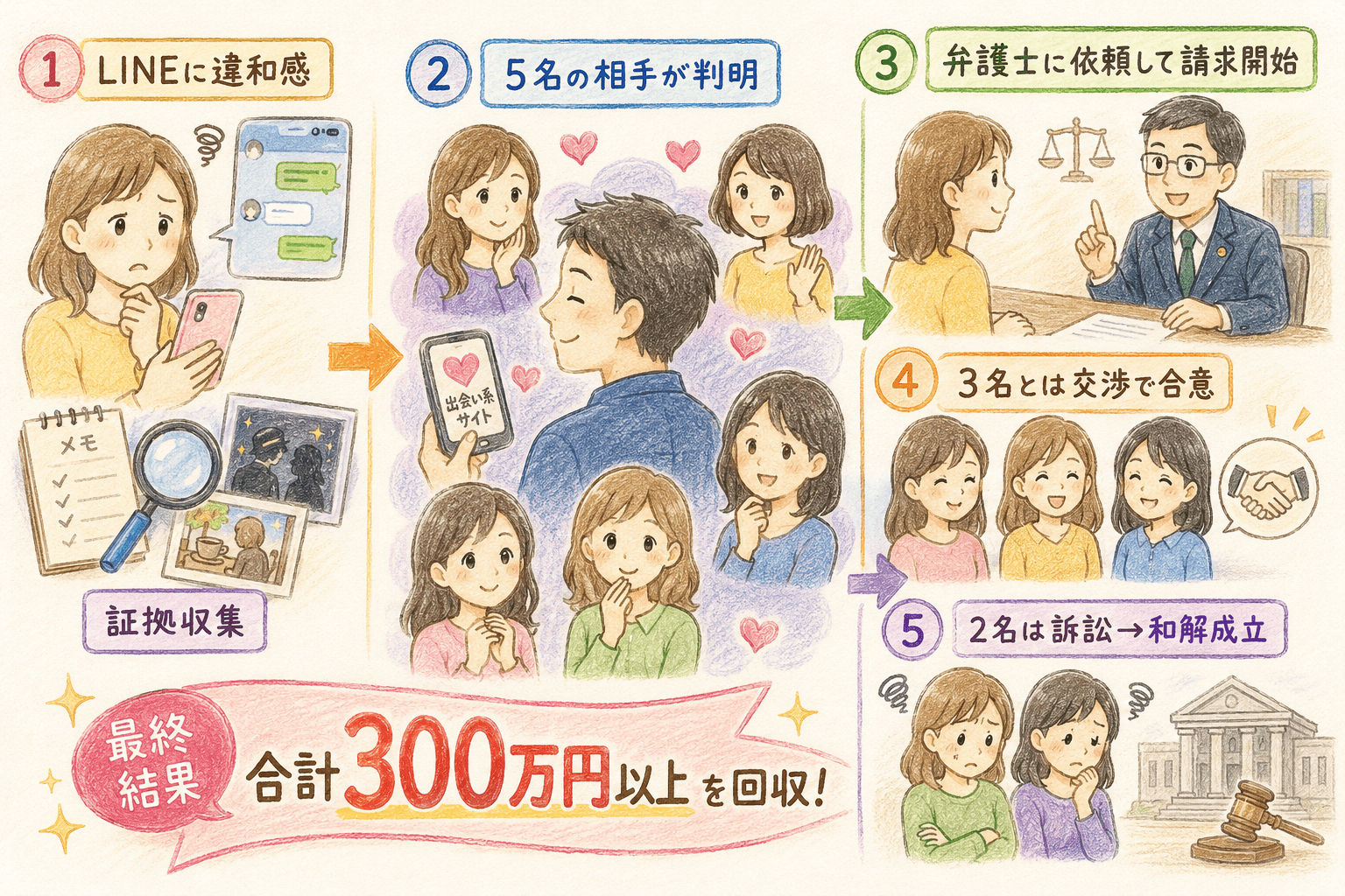 ３－３　解決事例３：複数の浮気相手に慰謝料請求をして合計３００万円以上を回収した事例